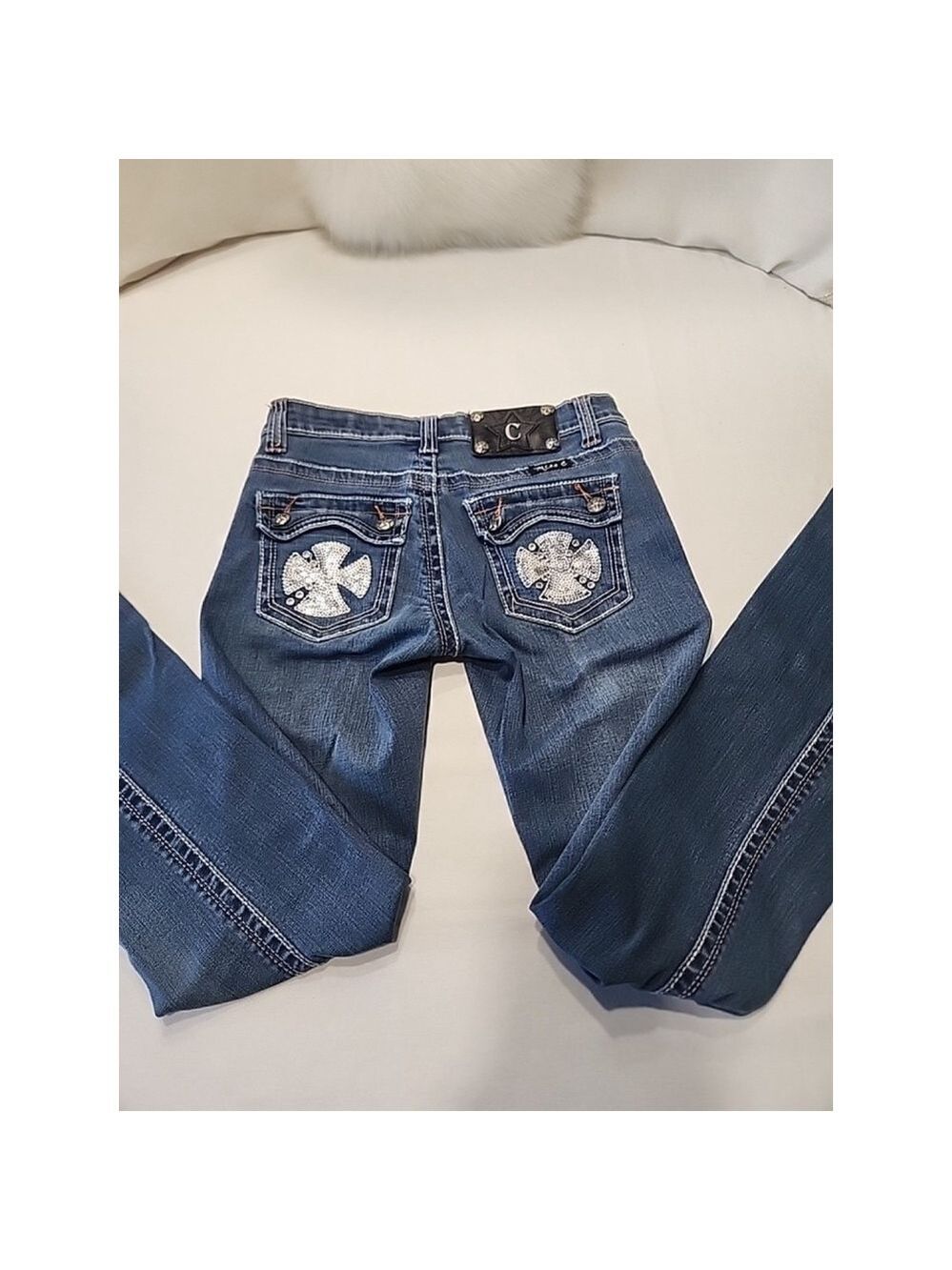 MISS "C" Y2K Blue Bedazzled Low Rise Bootcut Jeans 26X31 Retro,EUC